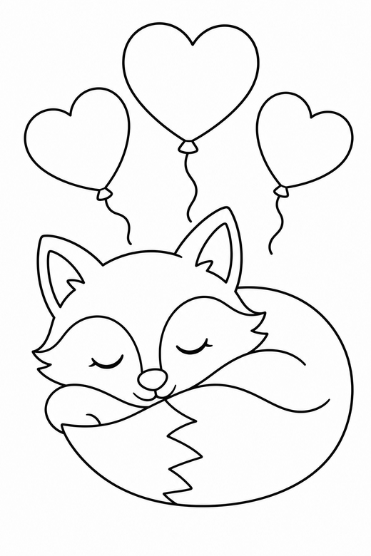 Fox sleeping with balloons: A fox with a bushy tail curled asleep with heart balloons above, free printable coloring page
