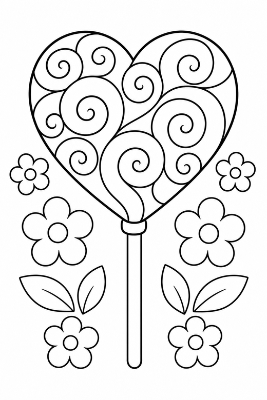 Heart lollipop with a swirl with flowers: A heart-shaped lollipop on a stick filled with curling swirl lines with small flowers around it, free printable coloring page