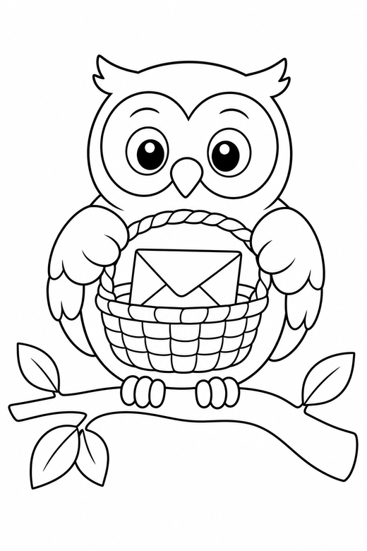 Owl with a letter in a basket: An owl on a branch carrying a folded letter inside a woven basket, free printable coloring page