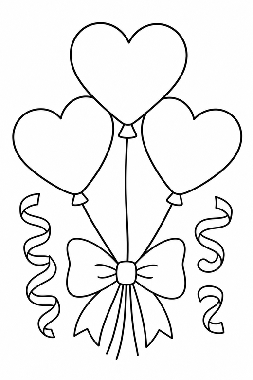 Heart balloons with a bow with ribbons: Three heart-shaped balloons on strings decorated with a bow with ribbon curls around them, free printable coloring page