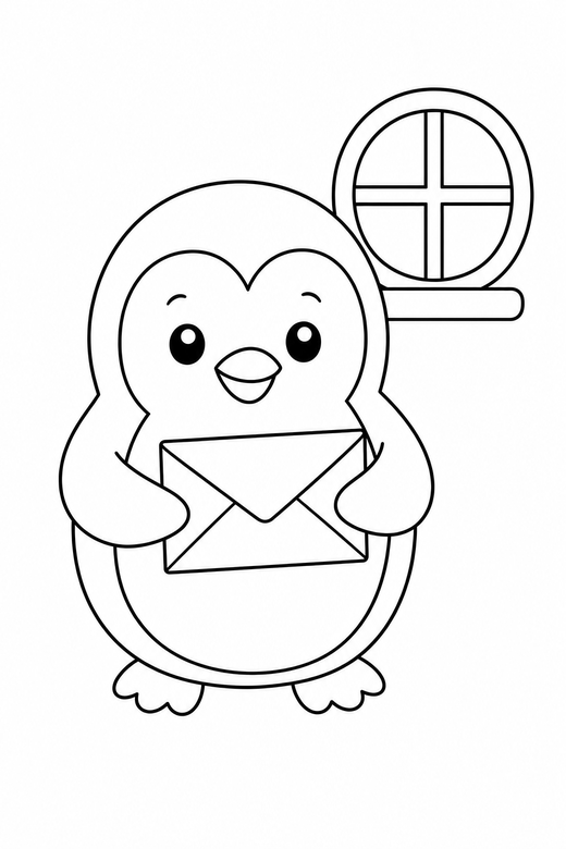 Penguin with a letter by a window: A round penguin carrying a folded letter beside a small window, free printable coloring page