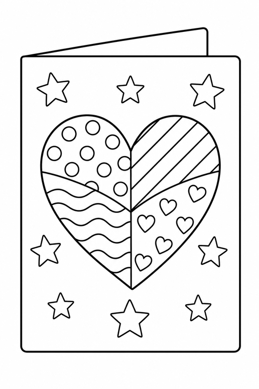 Valentine card patterned with stars: A folded card with a heart on the front divided into patterned sections with small stars scattered around, free printable coloring page