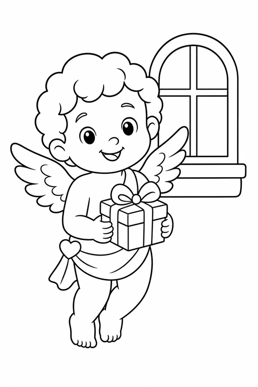Cupid with a gift by a window: A small winged cupid holding a small wrapped gift beside a small window, free printable coloring page