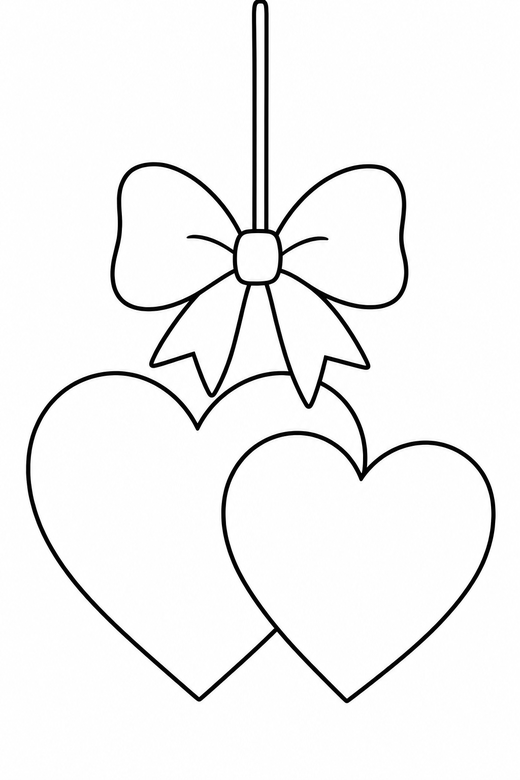 Linked hearts with a bow on a string: Two hearts overlapping decorated with a bow hanging from a length of string, free printable coloring page