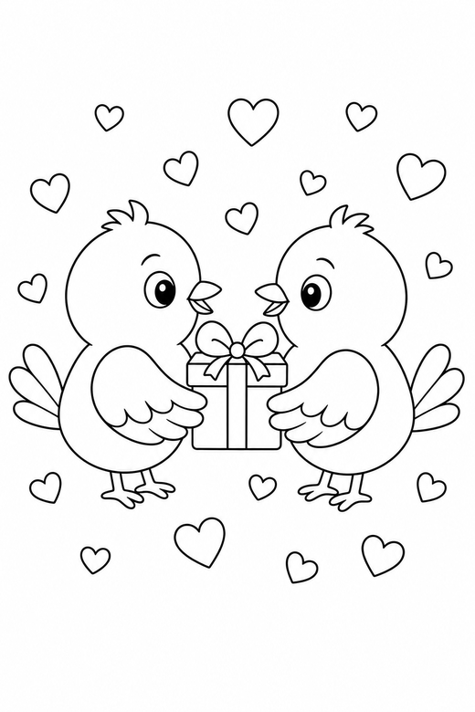 Love birds with a gift with confetti: Two small birds facing each other holding a small wrapped gift with heart confetti falling, free printable coloring page