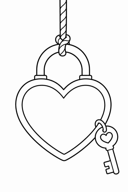 Heart and key with a blank centre: A heart-shaped padlock with a small key left blank in the middle for writing hanging from a length of string, free printable coloring page