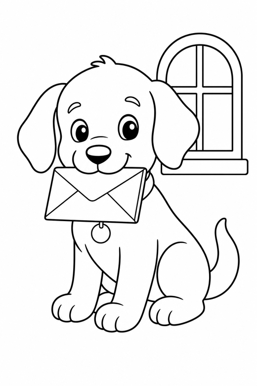 Puppy with a letter by a window: A puppy with floppy ears carrying a folded letter beside a small window, free printable coloring page