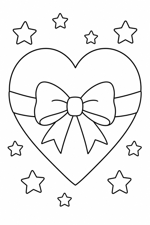Heart with a bow with stars: A large plain heart decorated with a bow with small stars scattered around, free printable coloring page