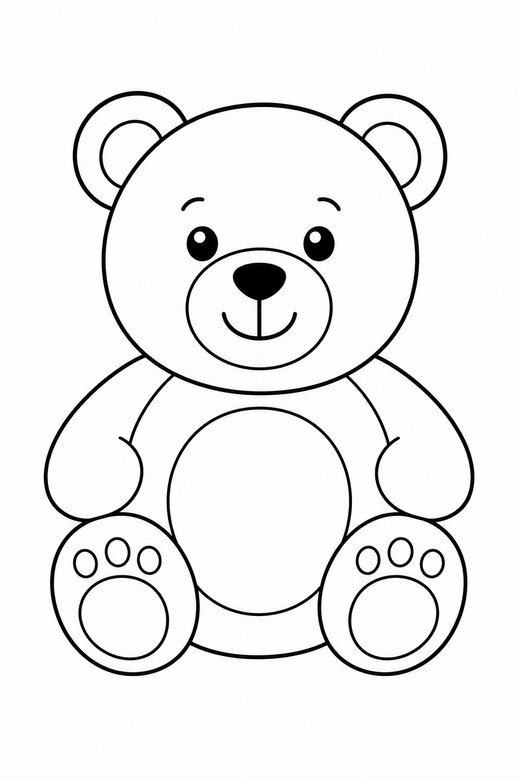 Teddy bear sitting: A round teddy bear sitting upright on a plain background with generous white space, free printable coloring page