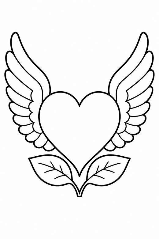 Winged heart outlined thickly with leaves: A heart with a pair of feathered wings drawn with a thick clean outline with two leaves at its base, free printable coloring page
