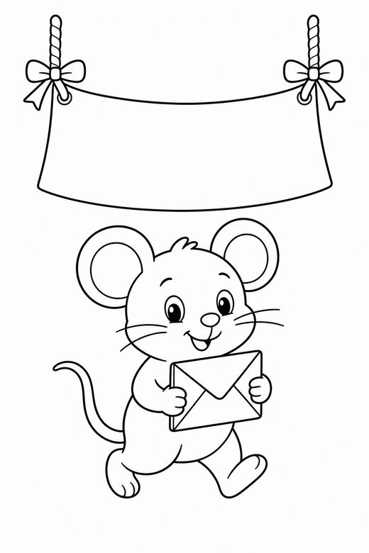 Mouse with a letter with a banner: A small mouse with round ears carrying a folded letter under a blank hanging banner, free printable coloring page