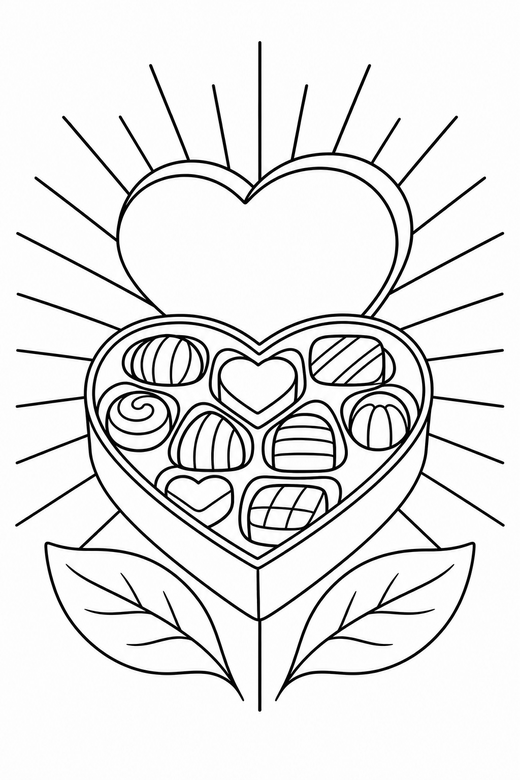 Chocolate box with rays with leaves: An open heart-shaped box of chocolates with straight rays radiating outward with two leaves at their base, free printable coloring page