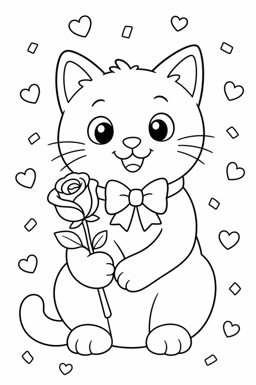 Cat with a rose with confetti: A cat with a bow on its collar holding a single rose with heart confetti falling, free printable coloring page