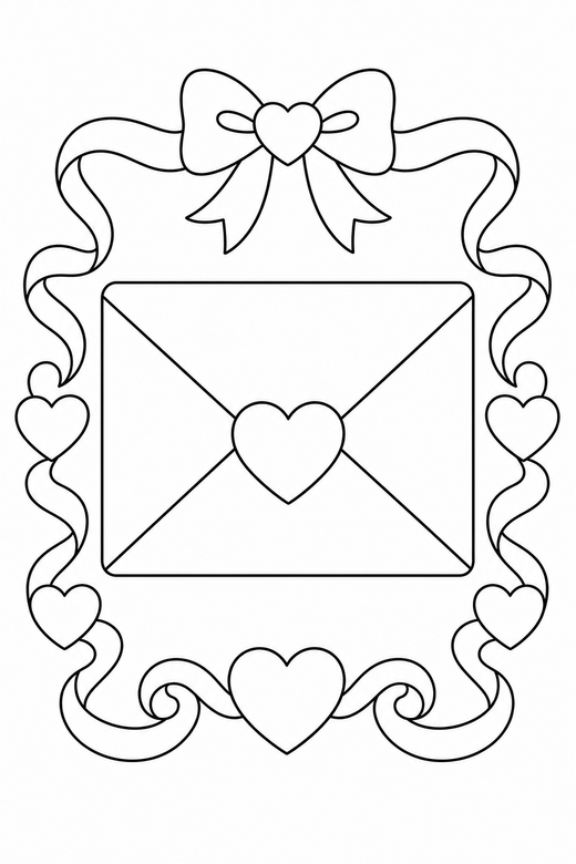 Sealed envelope with a border with ribbons: An envelope with a heart seal set inside a decorative border with ribbon curls around it, free printable coloring page