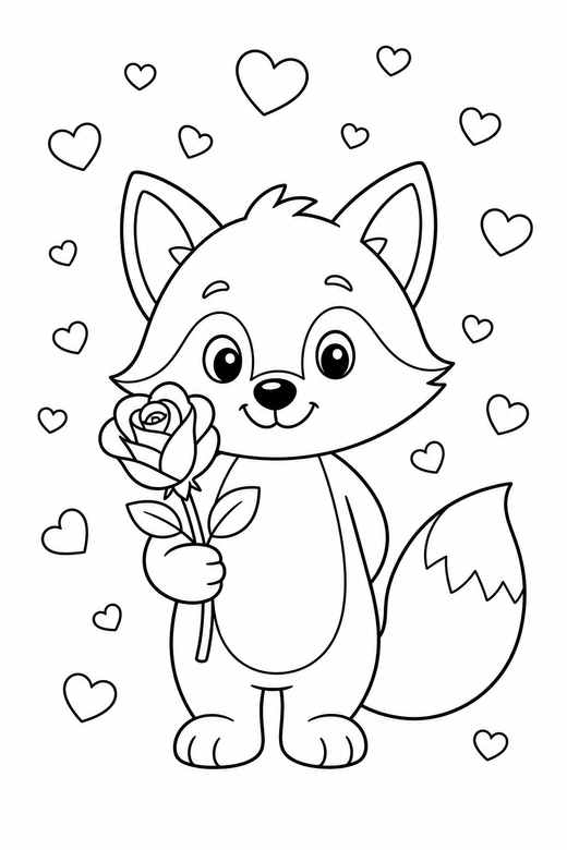Fox with a rose with confetti: A fox with a bushy tail holding a single rose with heart confetti falling, free printable coloring page