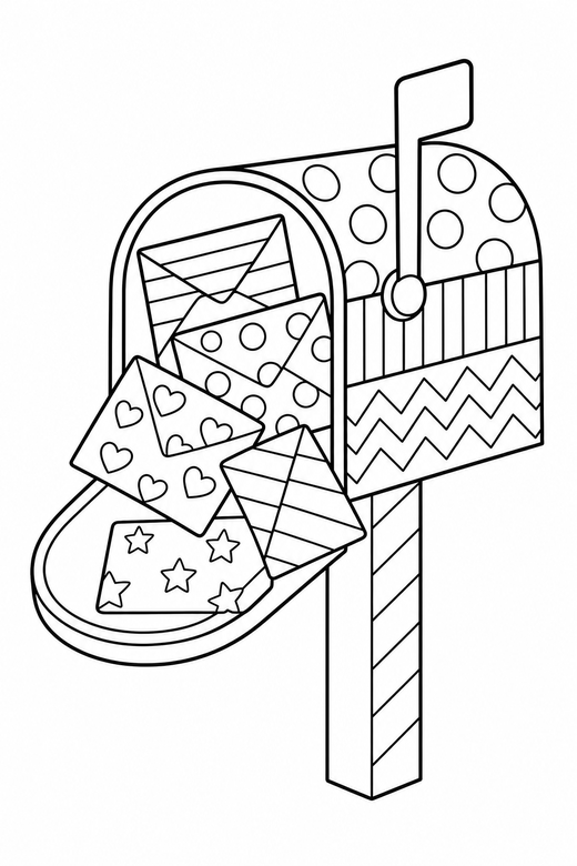 Full mailbox patterned in a frame: A mailbox with envelopes spilling out divided into patterned sections inside a simple rectangular frame, free printable coloring page