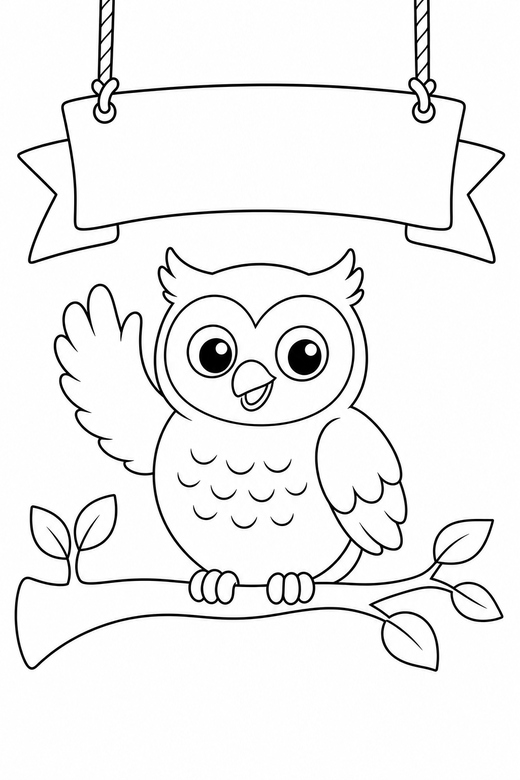Owl waving with a banner: An owl on a branch waving one paw under a blank hanging banner, free printable coloring page
