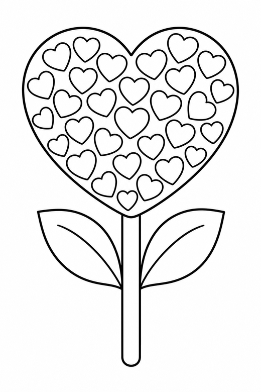 Heart lollipop made of small hearts: A heart-shaped lollipop on a stick filled with many small hearts with two leaves at its base, free printable coloring page