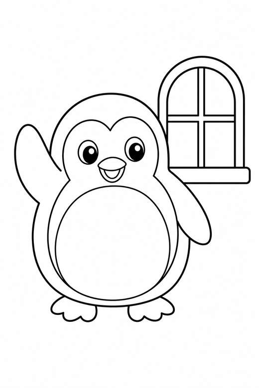 Penguin waving by a window: A round penguin waving one paw beside a small window, free printable coloring page