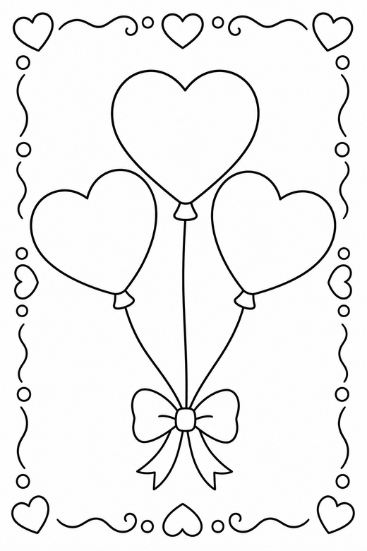 Heart balloons with a border: Three heart-shaped balloons on strings set inside a decorative border on a plain background with generous white space, free printable coloring page