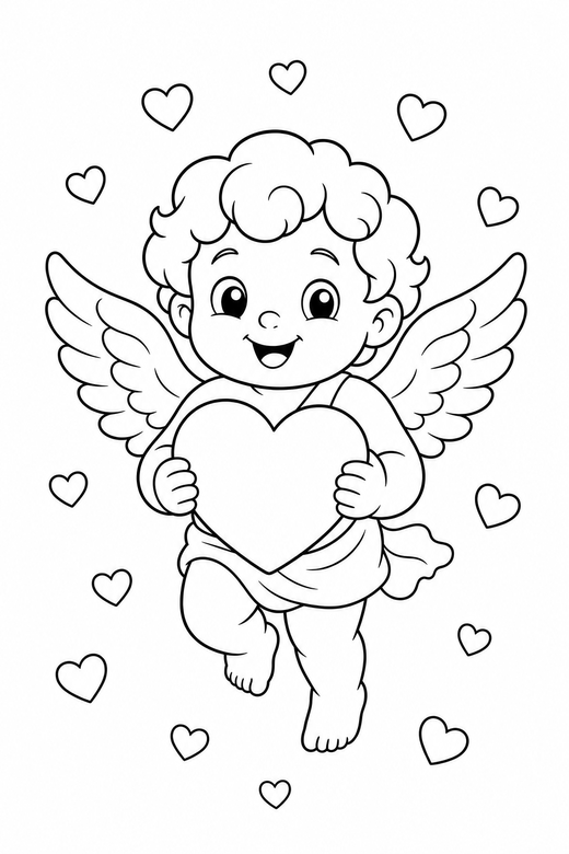 Cupid holding a heart with confetti: A small winged cupid holding a heart in both paws with heart confetti falling, free printable coloring page