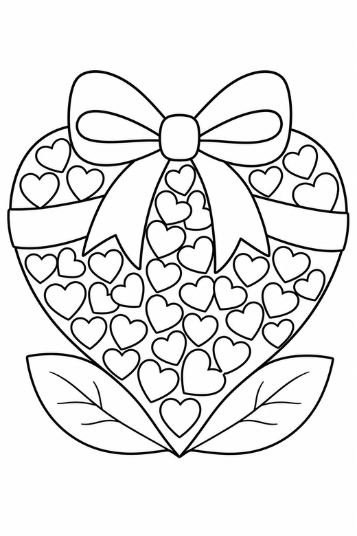 Ribboned heart made of small hearts: A heart tied with a ribbon bow filled with many small hearts with two leaves at its base, free printable coloring page