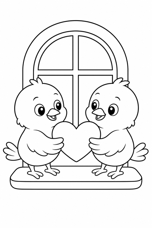 Love birds holding a heart by a window: Two small birds facing each other holding a heart in both paws beside a small window, free printable coloring page