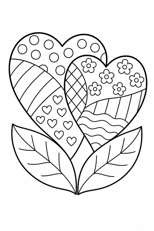 Linked hearts patterned with leaves: Two hearts overlapping divided into patterned sections with two leaves at their base, free printable coloring page