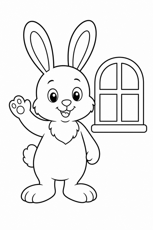 Bunny waving by a window: A bunny with long ears waving one paw beside a small window, free printable coloring page