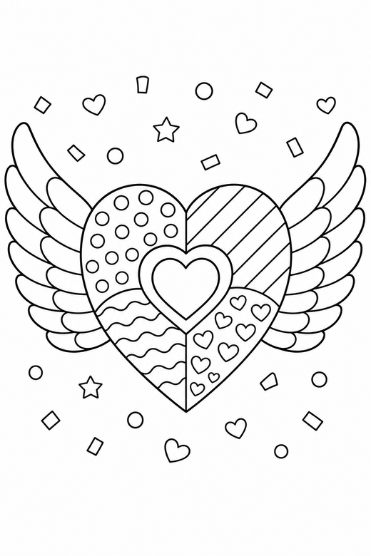 Winged heart patterned with confetti: A heart with a pair of feathered wings divided into patterned sections with scattered confetti shapes, free printable coloring page
