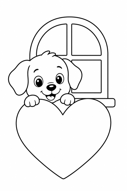 Puppy peeking by a window: A puppy with floppy ears peeking out from behind a large heart beside a small window, free printable coloring page
