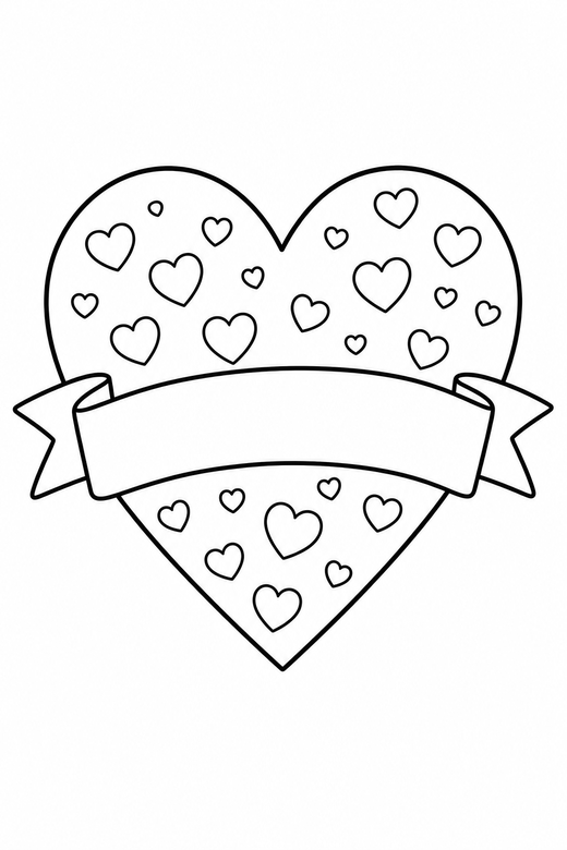 Heart banner made of small hearts in a frame: A heart crossed by a blank banner filled with many small hearts inside a simple rectangular frame, free printable coloring page