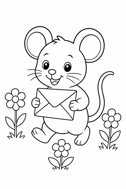Mouse with a letter with flowers: A small mouse with round ears carrying a folded letter among a few simple flowers, free printable coloring page