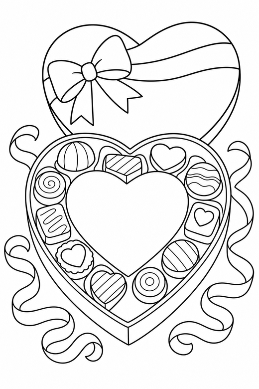 Chocolate box with a blank centre: An open heart-shaped box of chocolates left blank in the middle for writing with ribbon curls around them, free printable coloring page