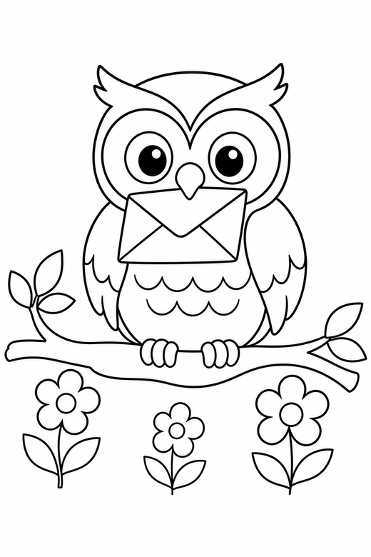 Owl with a letter with flowers: An owl on a branch carrying a folded letter among a few simple flowers, free printable coloring page