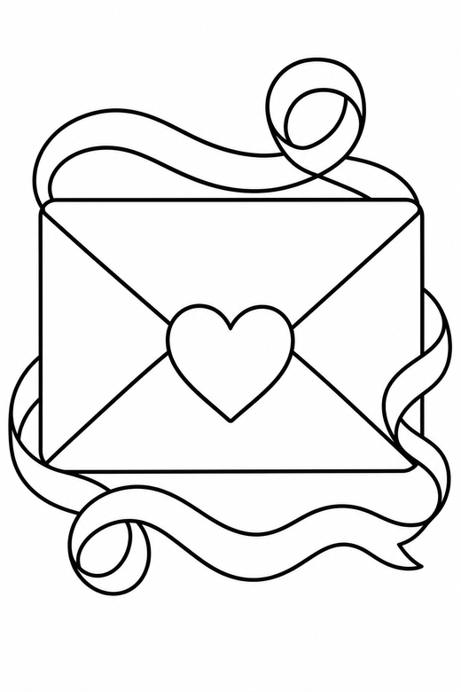 Sealed envelope outlined thickly: An envelope with a heart seal drawn with a thick clean outline with ribbon curls around it, free printable coloring page