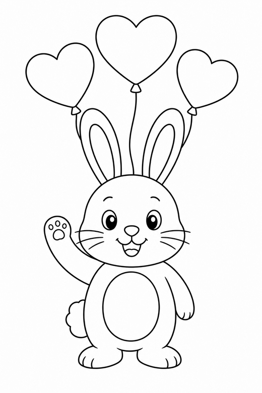 Bunny waving with balloons: A bunny with long ears waving one paw with heart balloons above, free printable coloring page