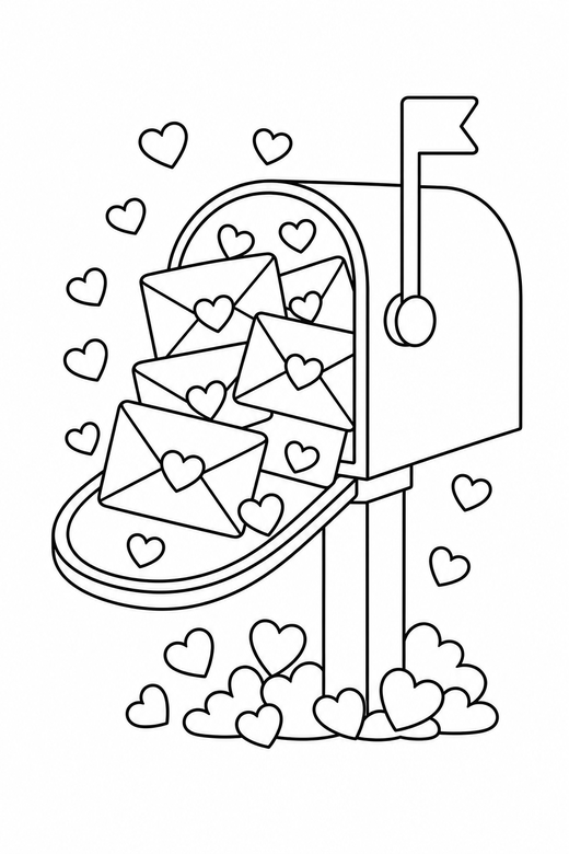 Full mailbox made of small hearts: A mailbox with envelopes spilling out filled with many small hearts on a plain background with generous white space, free printable coloring page