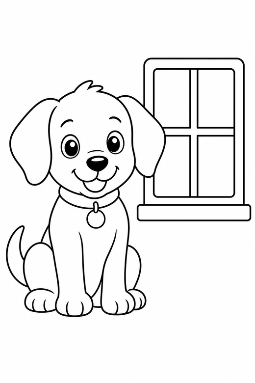 Puppy sitting by a window: A puppy with floppy ears sitting upright beside a small window, free printable coloring page