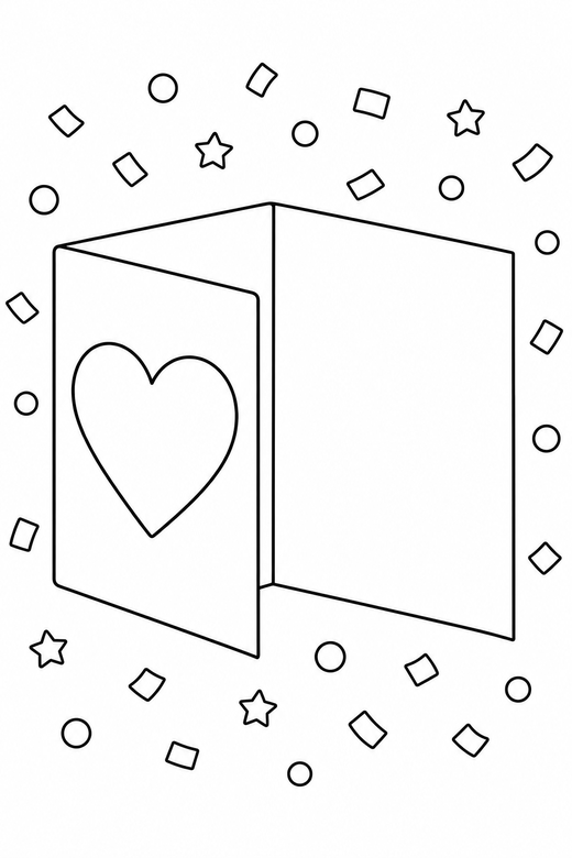Valentine card with a blank centre: A folded card with a heart on the front left blank in the middle for writing with scattered confetti shapes, free printable coloring page