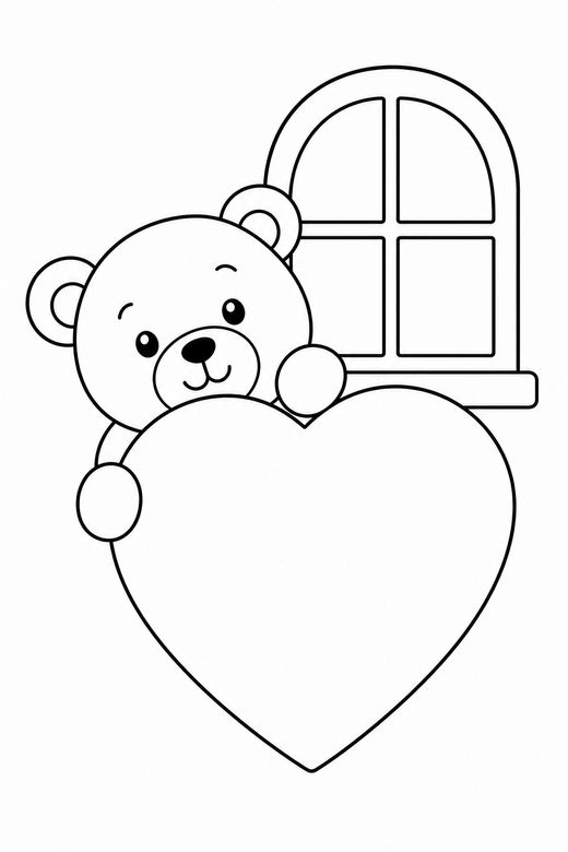 Teddy bear peeking by a window: A round teddy bear peeking out from behind a large heart beside a small window, free printable coloring page