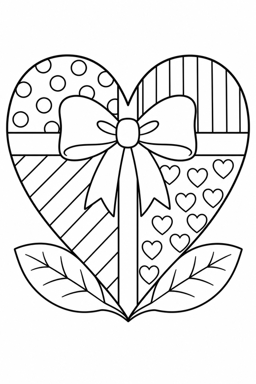 Ribboned heart patterned with leaves: A heart tied with a ribbon bow divided into patterned sections with two leaves at its base, free printable coloring page