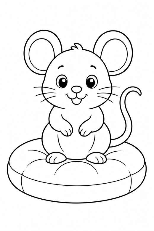 Mouse sitting on a cushion: A small mouse with round ears sitting upright sitting on a round cushion, free printable coloring page