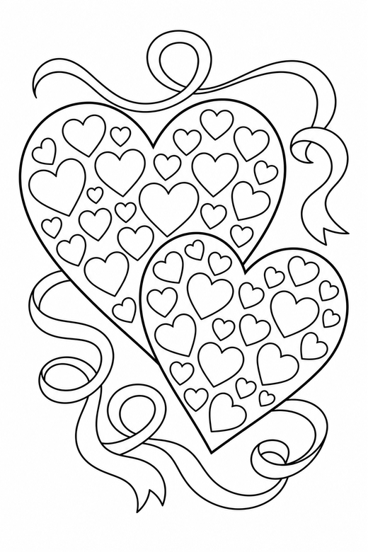 Linked hearts made of small hearts: Two hearts overlapping filled with many small hearts with ribbon curls around them, free printable coloring page