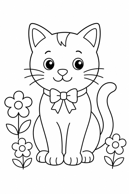 Cat sitting with flowers: A cat with a bow on its collar sitting upright among a few simple flowers, free printable coloring page