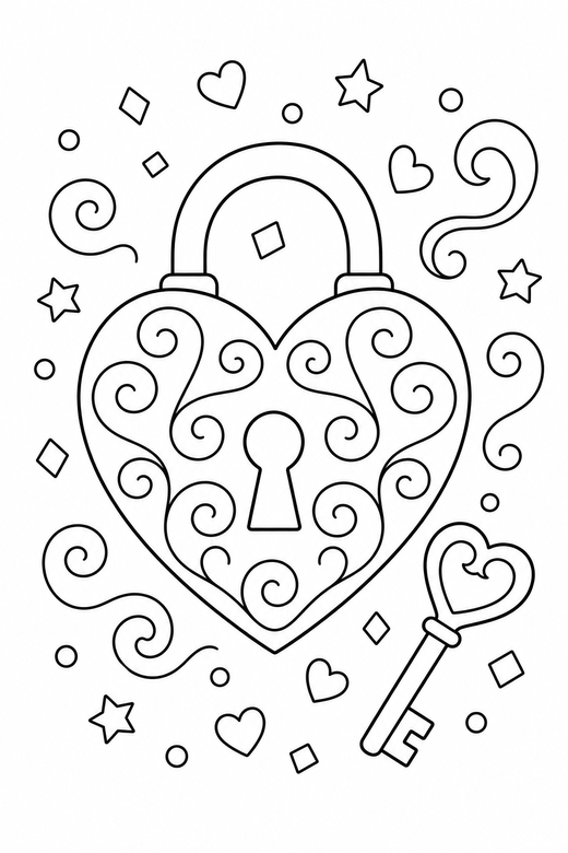 Heart and key with a swirl with confetti: A heart-shaped padlock with a small key filled with curling swirl lines with scattered confetti shapes, free printable coloring page
