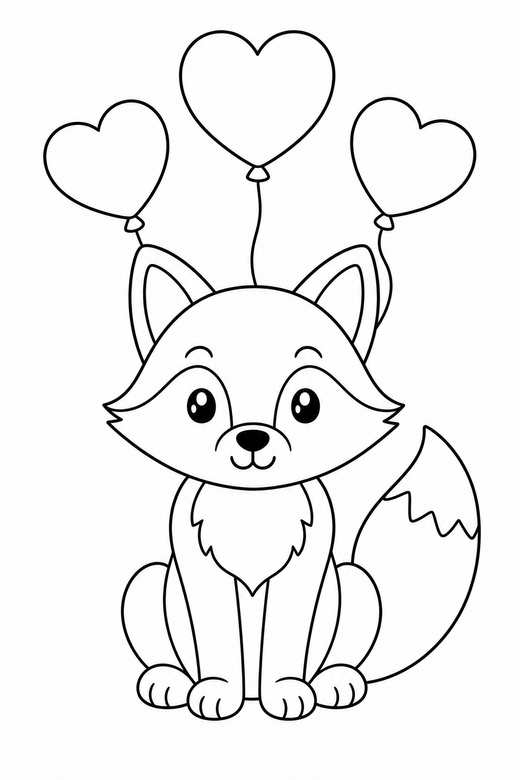 Fox sitting with balloons: A fox with a bushy tail sitting upright with heart balloons above, free printable coloring page