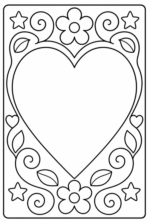 Heart with a border in a frame: A large plain heart set inside a decorative border inside a simple rectangular frame, free printable coloring page