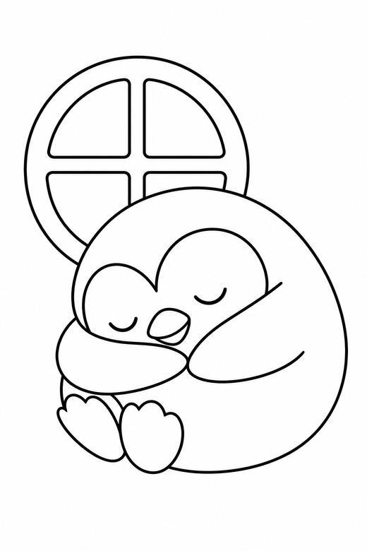 Penguin sleeping by a window: A round penguin curled asleep beside a small window, free printable coloring page
