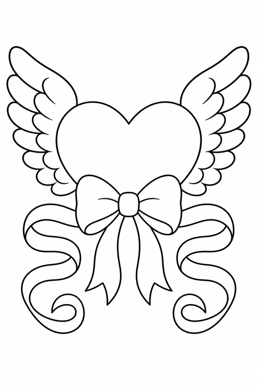Winged heart with a bow with ribbons: A heart with a pair of feathered wings decorated with a bow with ribbon curls around it, free printable coloring page